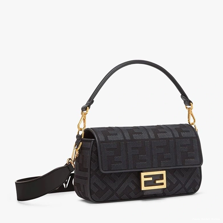 Affordable In Laser Cut Black FF Bag with Fendi Baguette Strap Canvas Medium Motif 0805